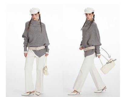Asymmetrical Mock-Neck Solid Knit Sweater
