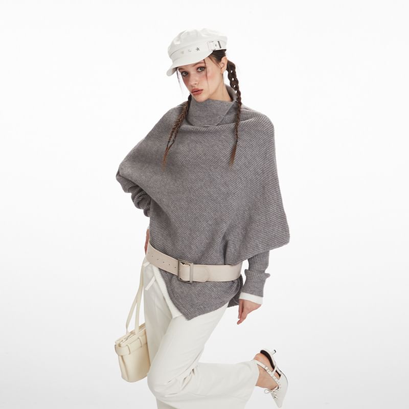 Asymmetrical Mock-Neck Solid Knit Sweater