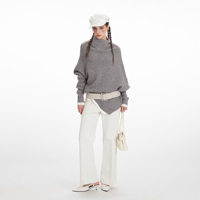Asymmetrical Mock-Neck Solid Knit Sweater