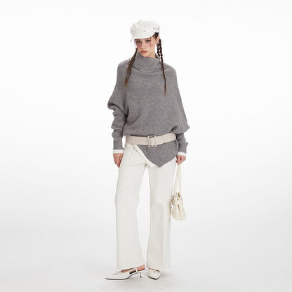 Asymmetrical Mock-Neck Solid Knit Sweater