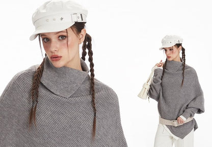 Asymmetrical Mock-Neck Solid Knit Sweater