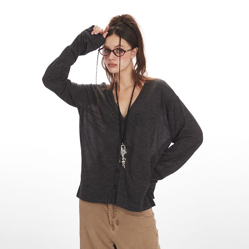 V-Neck Button-Up Plain Cardigan