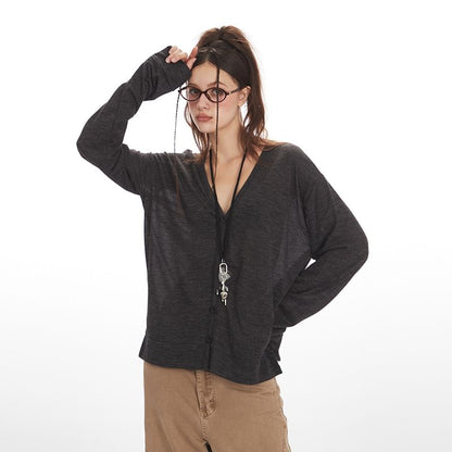 V-Neck Button-Up Plain Cardigan