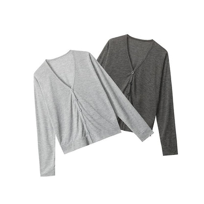 V-Neck Button-Up Plain Cardigan