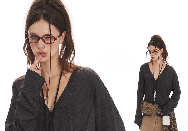 V-Neck Button-Up Plain Cardigan