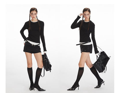 Two-Tone Mock Neck Long-Sleeve Tee