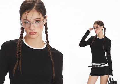Two-Tone Mock Neck Long-Sleeve Tee