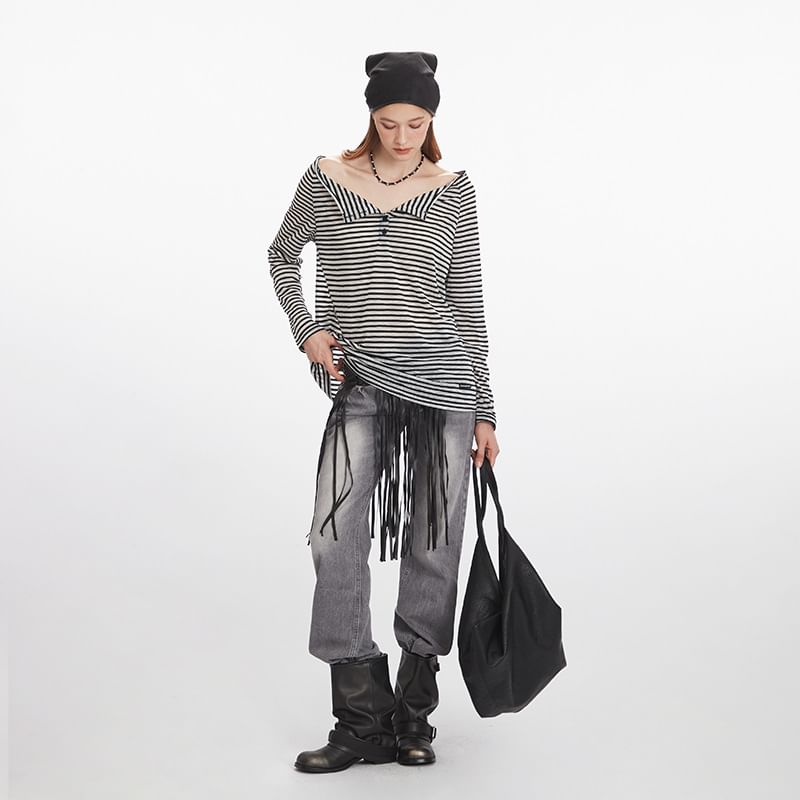 Off-Shoulder Striped Long-Sleeve Top