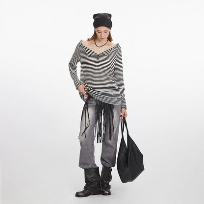 Off-Shoulder Striped Long-Sleeve Top