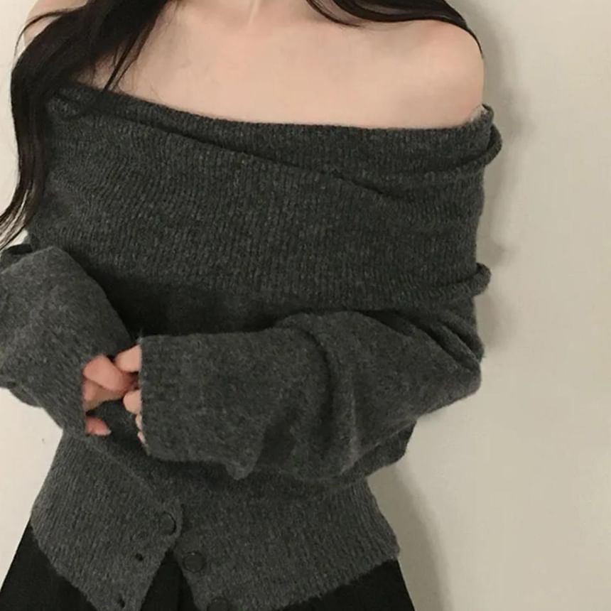 Off-Shoulder Button Hem Solid Knit Top