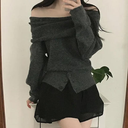 Off-Shoulder Button Hem Solid Knit Top
