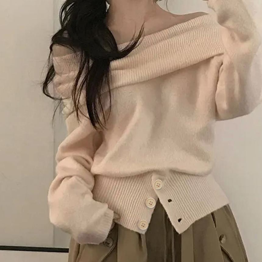 Off-Shoulder Button Hem Solid Knit Top