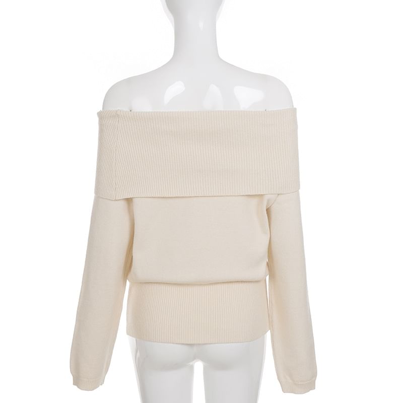 Off-Shoulder Button Hem Solid Knit Top