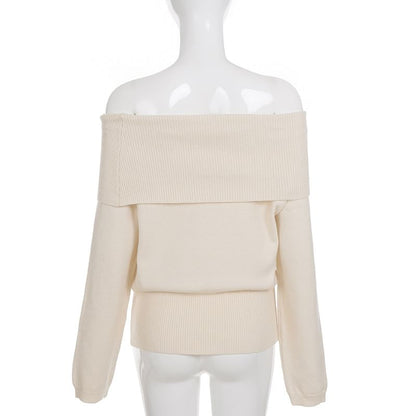 Off-Shoulder Button Hem Solid Knit Top