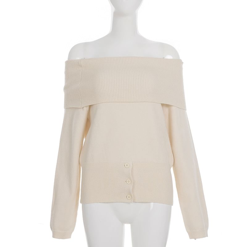 Off-Shoulder Button Hem Solid Knit Top