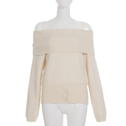 Off-Shoulder Button Hem Solid Knit Top