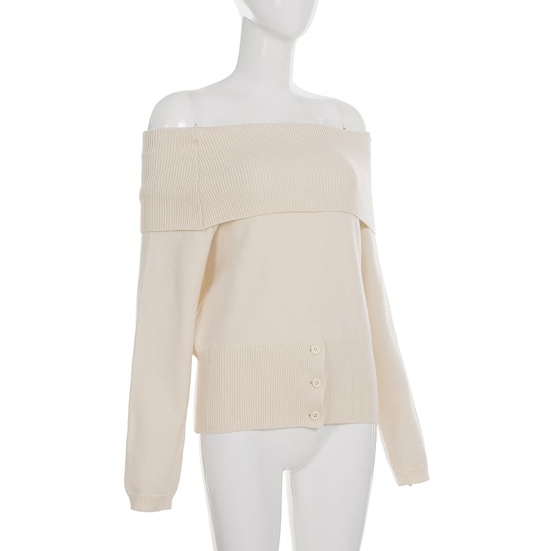 Off-Shoulder Button Hem Solid Knit Top