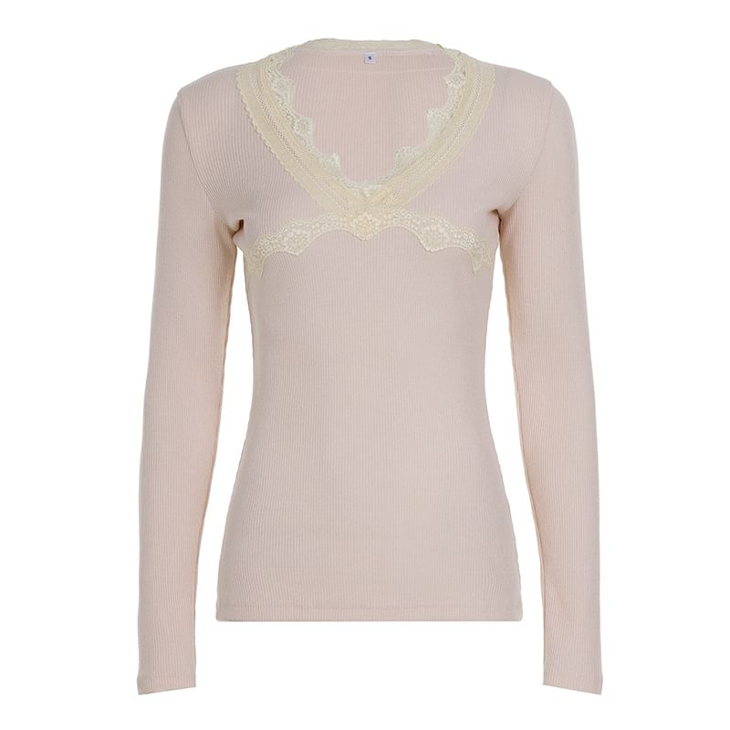Lace-Trim V-Neck Long-Sleeve Top