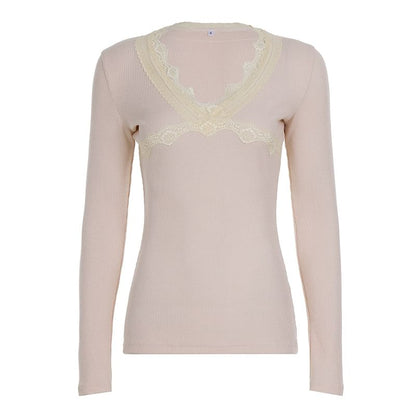 Lace-Trim V-Neck Long-Sleeve Top