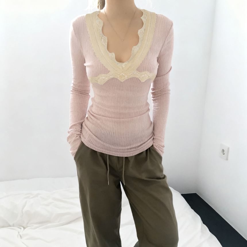 Lace-Trim V-Neck Long-Sleeve Top