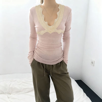 Lace-Trim V-Neck Long-Sleeve Top