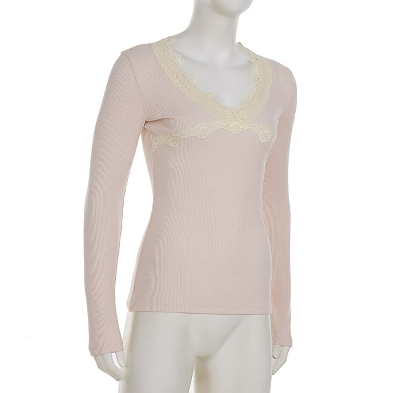Lace-Trim V-Neck Long-Sleeve Top