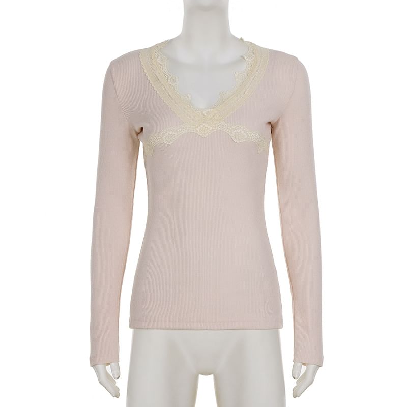 Lace-Trim V-Neck Long-Sleeve Top