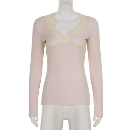 Lace-Trim V-Neck Long-Sleeve Top