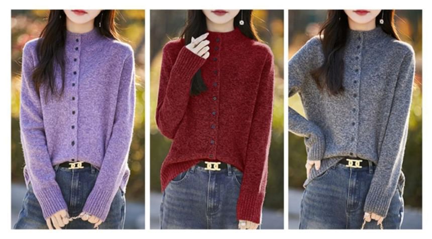 Mock Neck Plain Button Up Cardigan