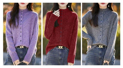 Mock Neck Plain Button Up Cardigan