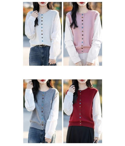 Round Neck Mock Two Piece Button Up Cardigan