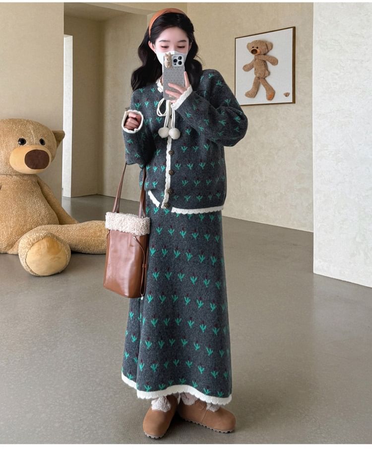 Set: Jacquard Button-Up Cardigan + High Waist Maxi A-Line Skirt