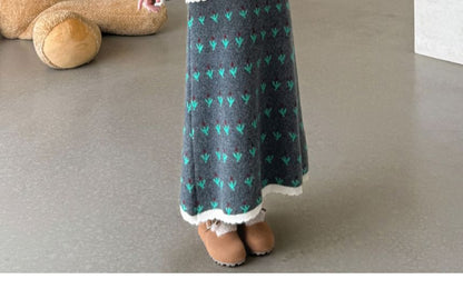 Set: Jacquard Button-Up Cardigan + High Waist Maxi A-Line Skirt