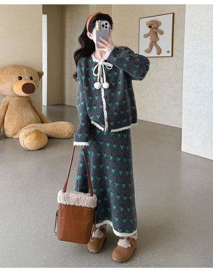 Set: Jacquard Button-Up Cardigan + High Waist Maxi A-Line Skirt