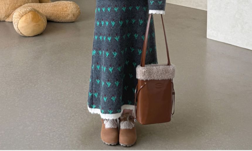 Set: Jacquard Button-Up Cardigan + High Waist Maxi A-Line Skirt
