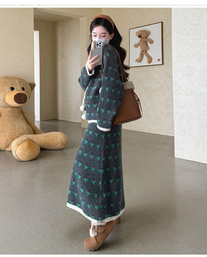 Set: Jacquard Button-Up Cardigan + High Waist Maxi A-Line Skirt