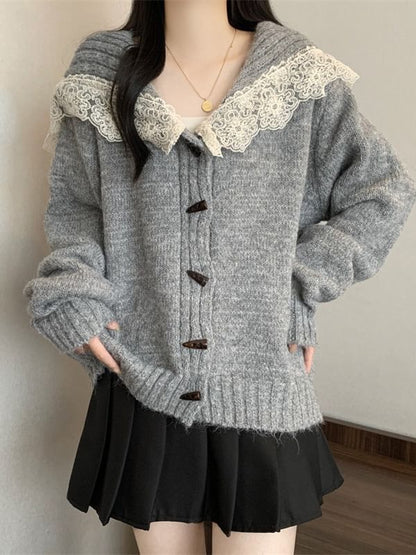 Collared Plain Lace Trim Toggle Cardigan