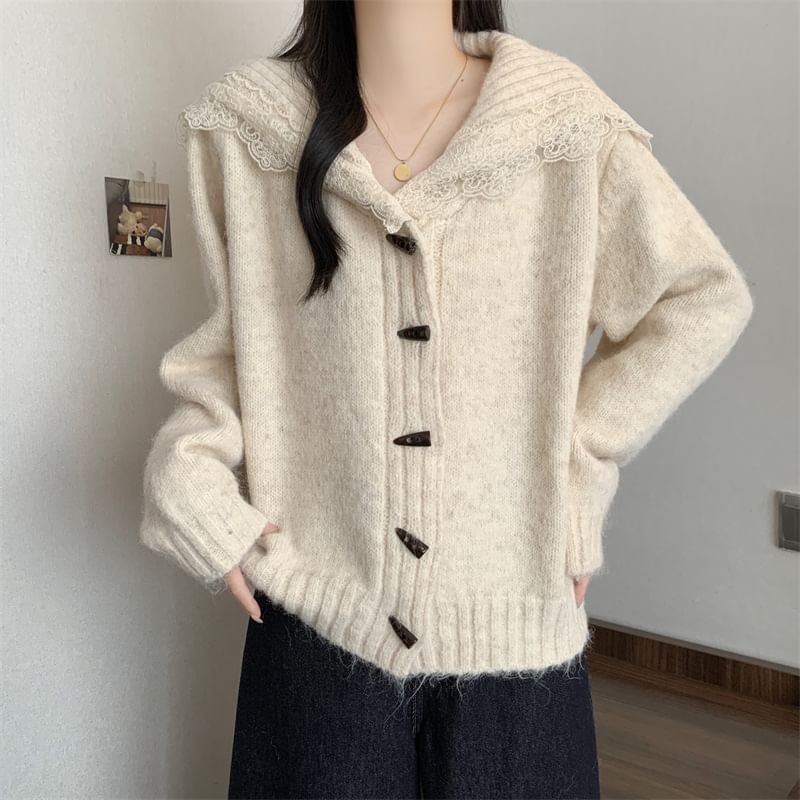 Collared Plain Lace Trim Toggle Cardigan