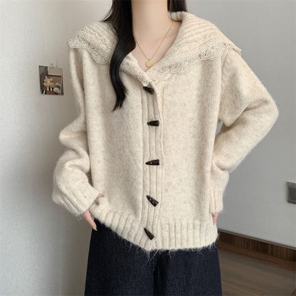 Collared Plain Lace Trim Toggle Cardigan