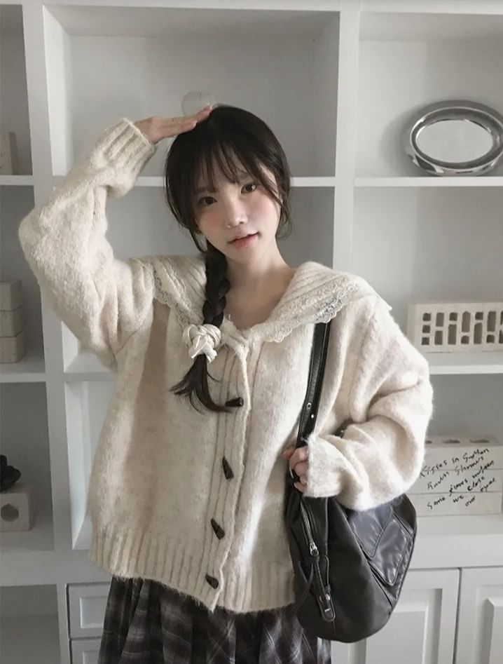 Collared Plain Lace Trim Toggle Cardigan