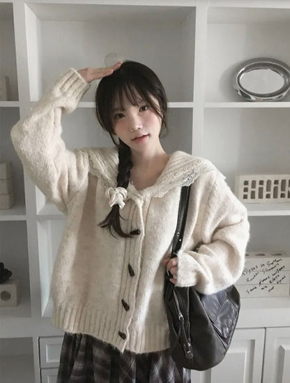 Collared Plain Lace Trim Toggle Cardigan