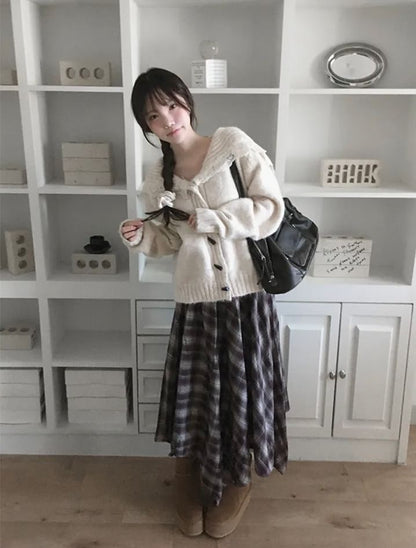 Collared Plain Lace Trim Toggle Cardigan