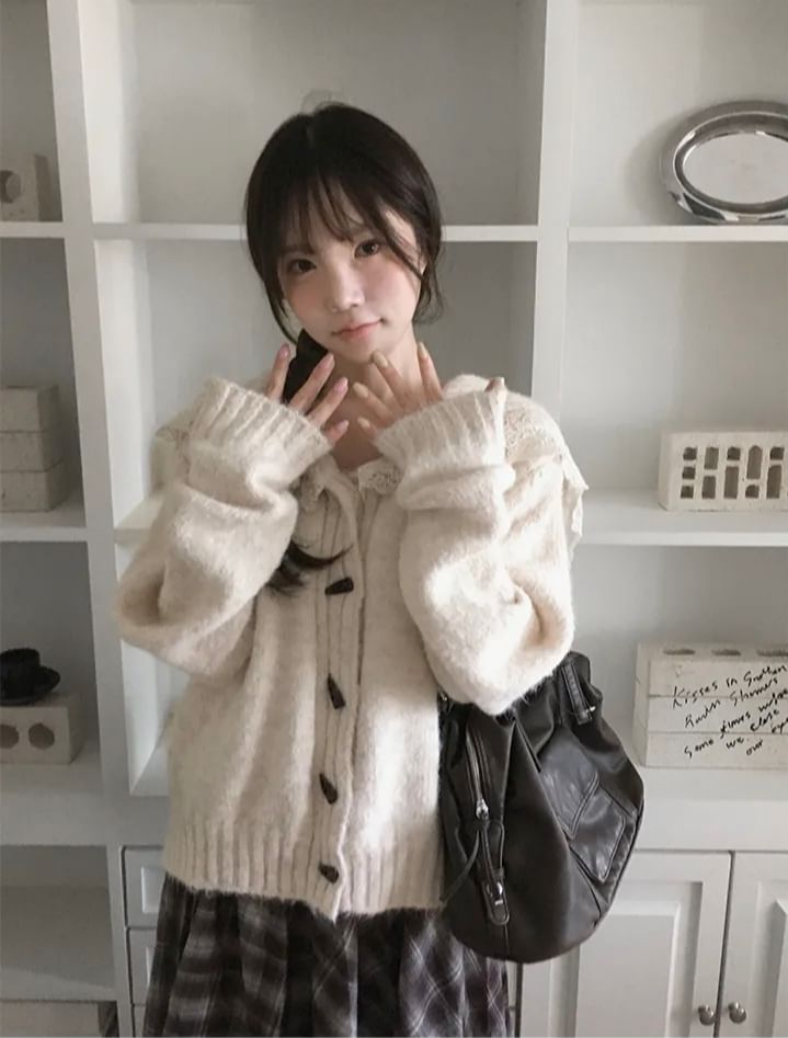 Collared Plain Lace Trim Toggle Cardigan