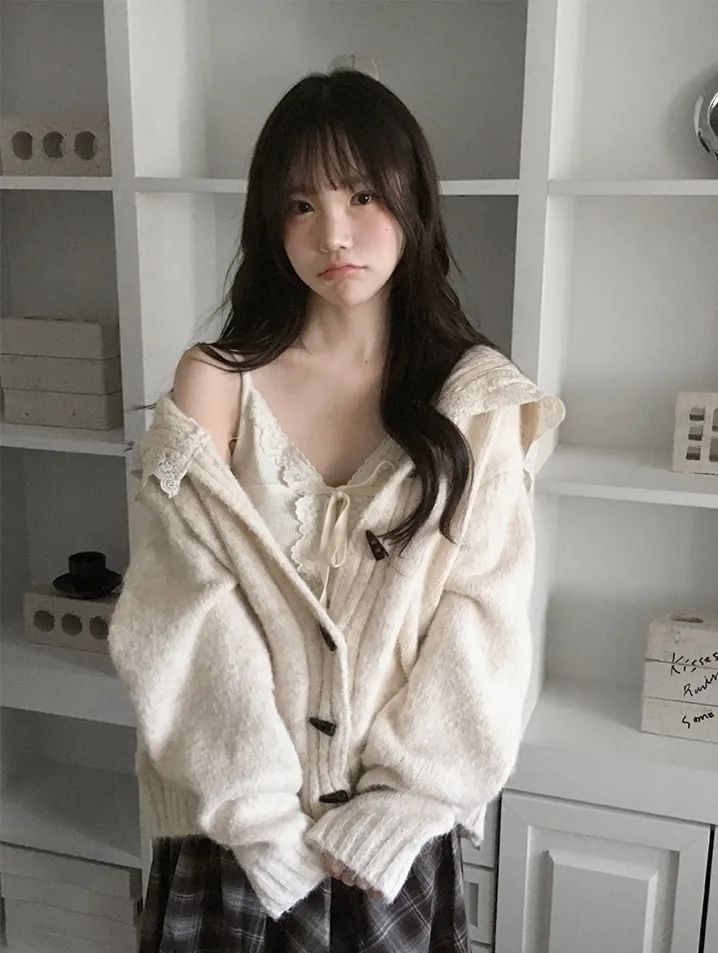 Collared Plain Lace Trim Toggle Cardigan