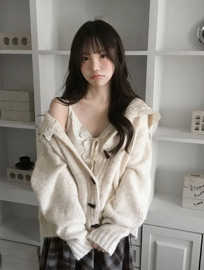 Collared Plain Lace Trim Toggle Cardigan