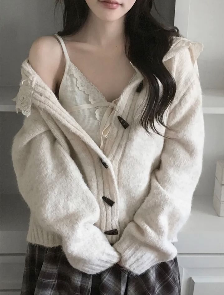 Collared Plain Lace Trim Toggle Cardigan