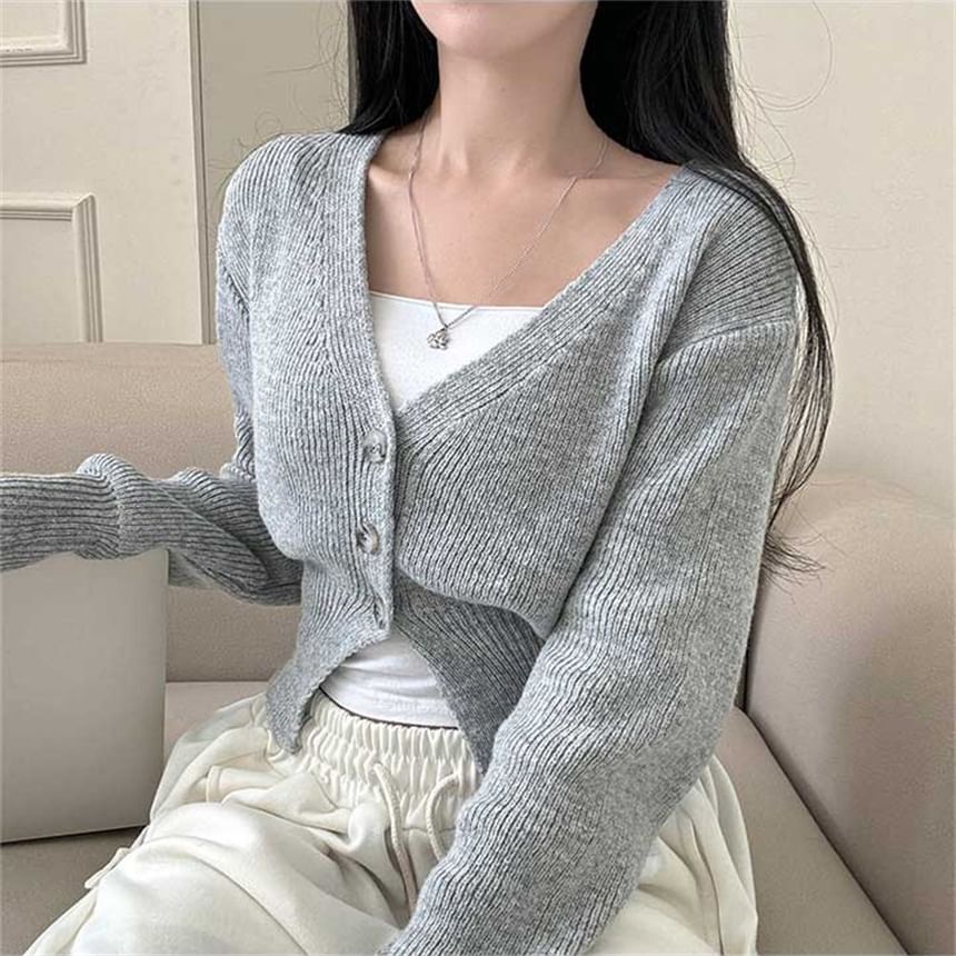 V-Neck Plain Button Up Crop Cardigan