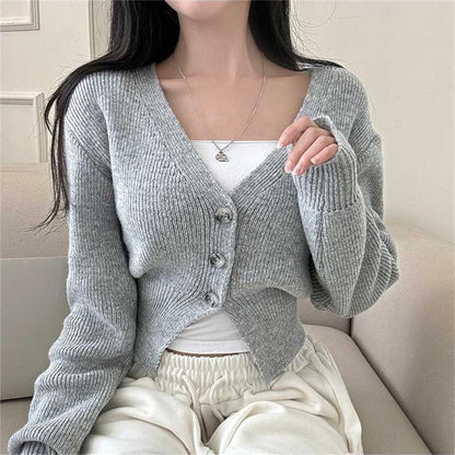 V-Neck Plain Button Up Crop Cardigan