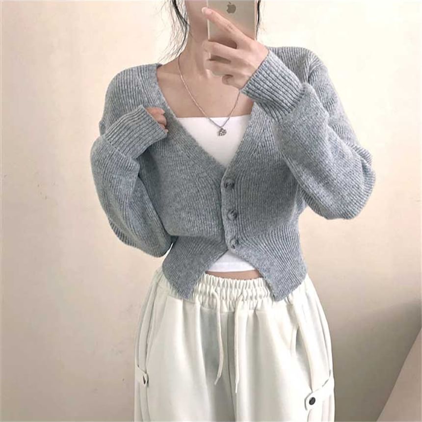 V-Neck Plain Button Up Crop Cardigan