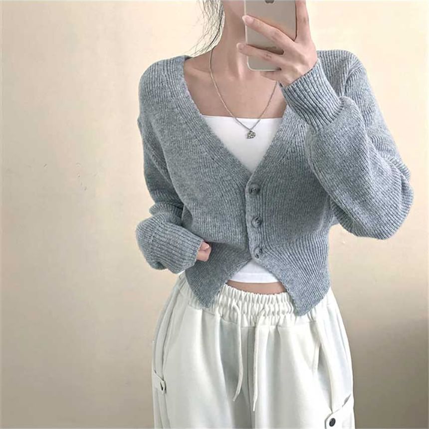 V-Neck Plain Button Up Crop Cardigan